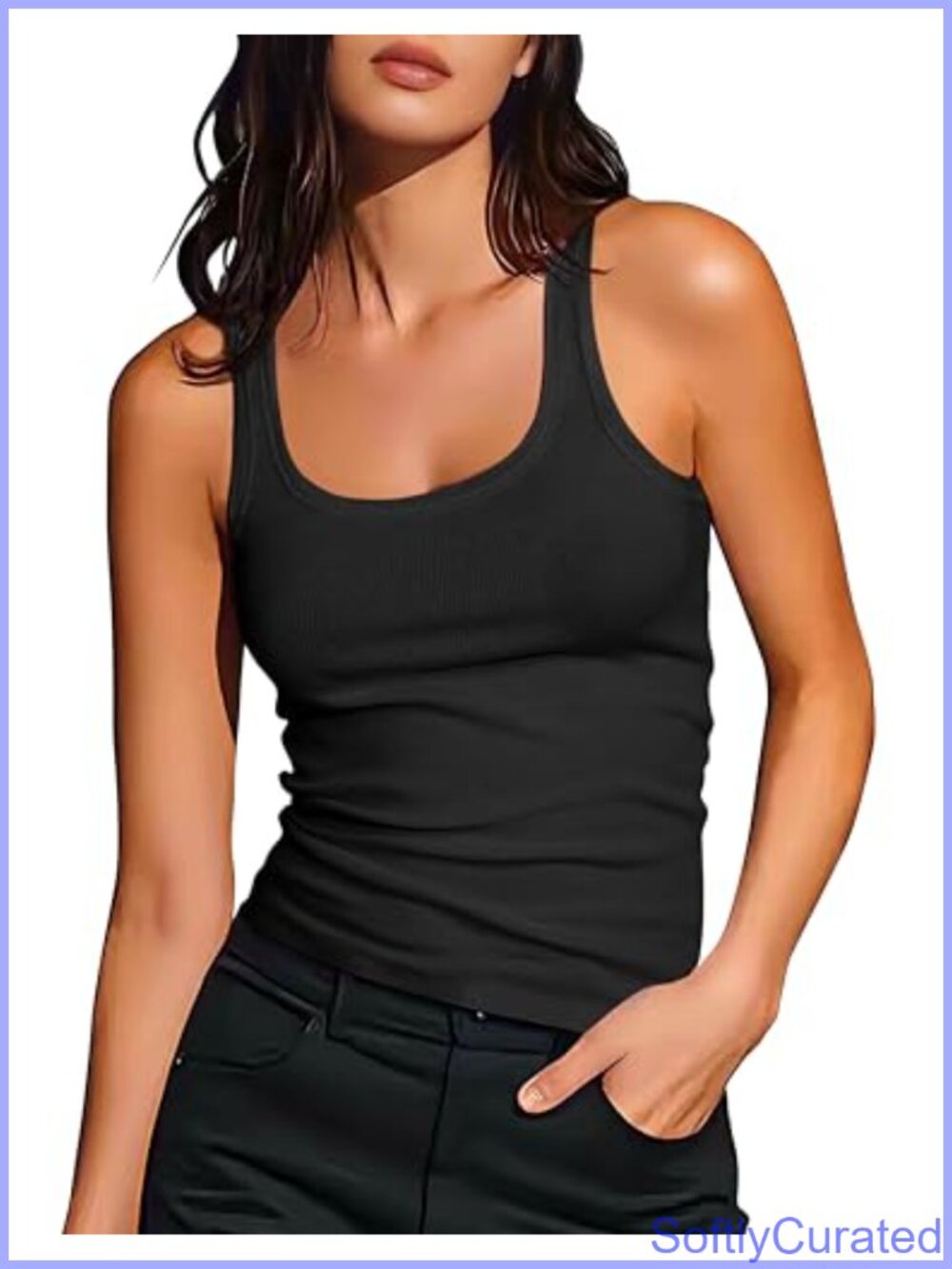 Sleeveless Fitted Ribbed Knit Tank Top Scoop Neck U Back Full Length Cami